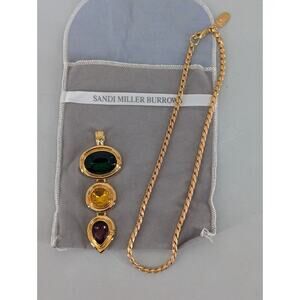 SMB Necklace Multicolor Glass Jewel Pendant & Gold tone Chain Vintage